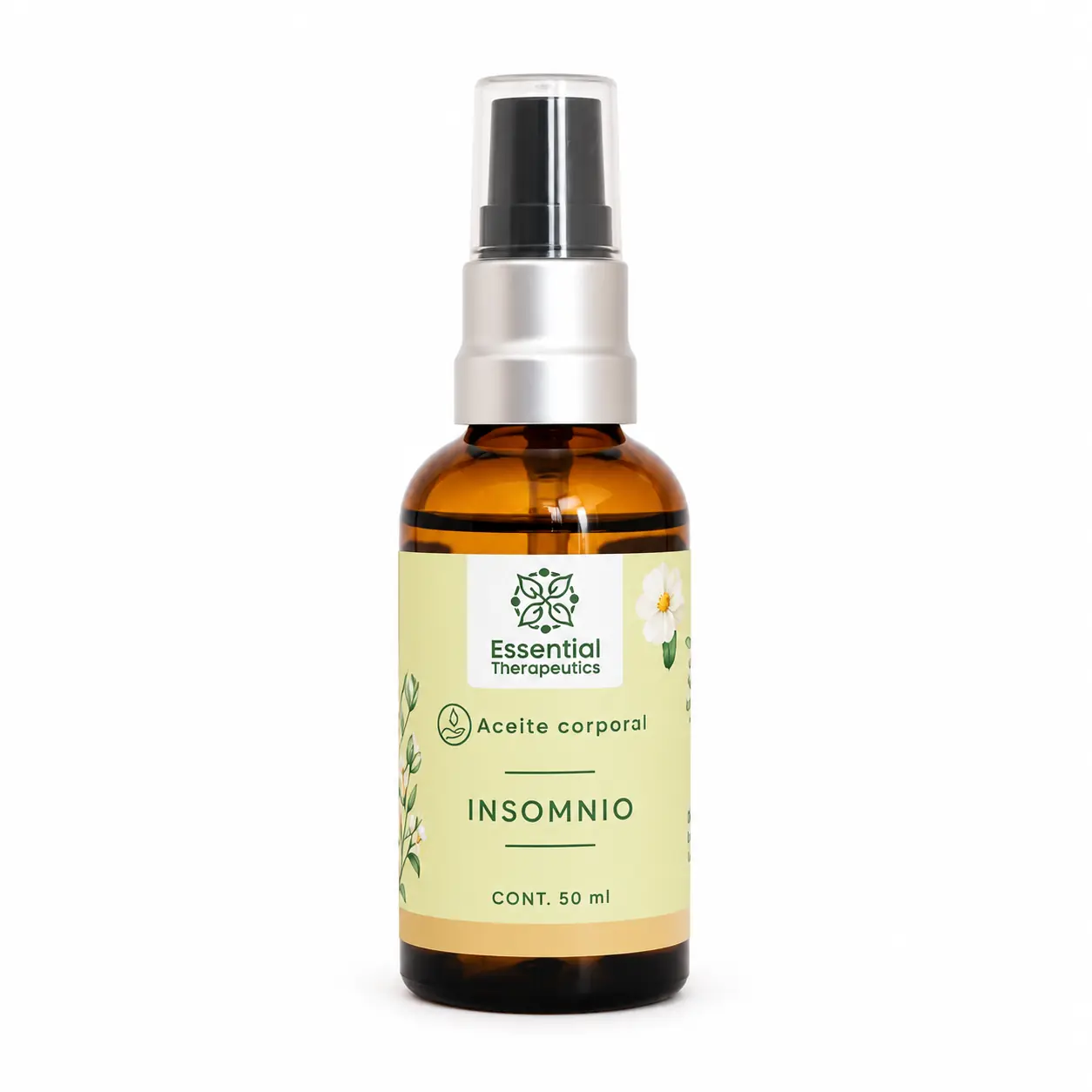 Aceite corporal Insomnio Essential Therapeutics de 50 ml sobre fondo blanco.