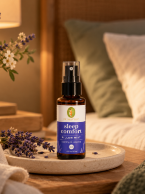 Bienestar para Dormir Brisa 30 ml en un ambiente cálido de descanso junto a la cama.30 ml en un ambiente nocturno de descanso.