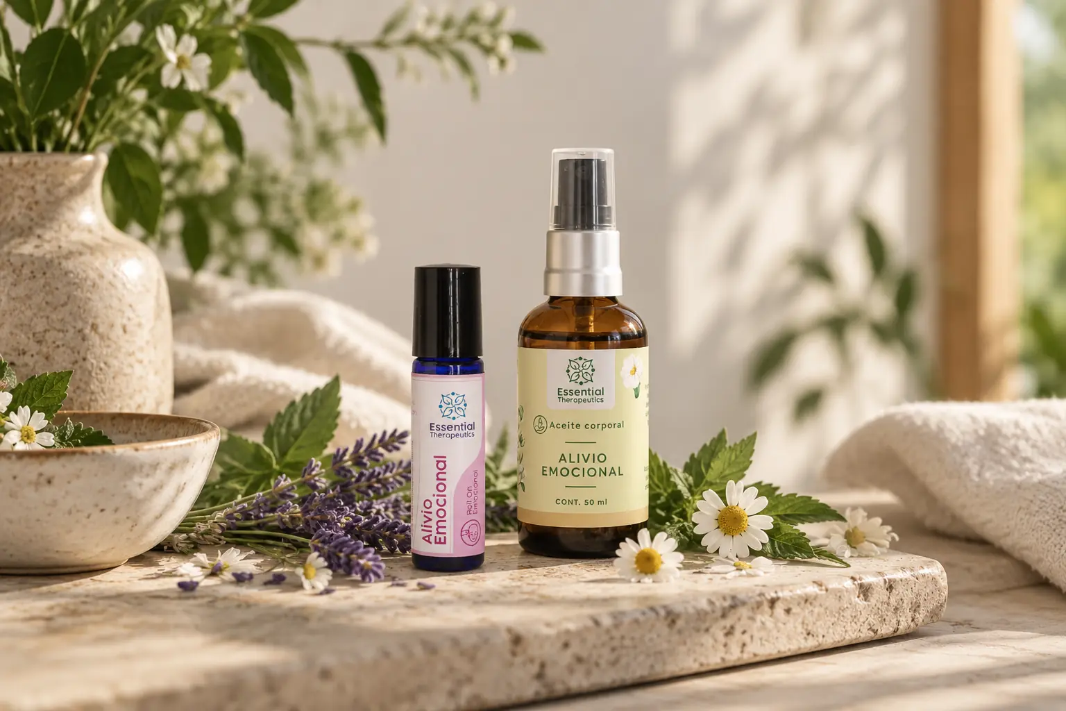 Productos Alivio Emocional de Essential Therapeutics en un ambiente natural y luminoso