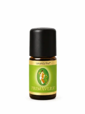 Aceite esencial de Lavanda fina Primavera Life en frasco de 5 ml sobre fondo blanco.