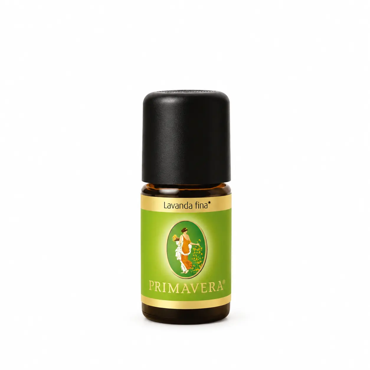 Aceite esencial de Lavanda fina Primavera Life en frasco de 5 ml sobre fondo blanco.