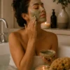 Mujer aplicándose una mascarilla de arcilla en el rostro mientras disfruta de un baño relajante con velas y elementos naturales.