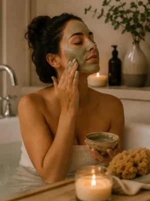Mujer aplicándose una mascarilla de arcilla en el rostro mientras disfruta de un baño relajante con velas y elementos naturales.