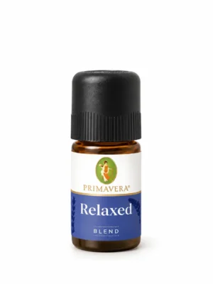 Mezcla aromática Relaxed de Primavera Life de 5 ml sobre fondo blanco.