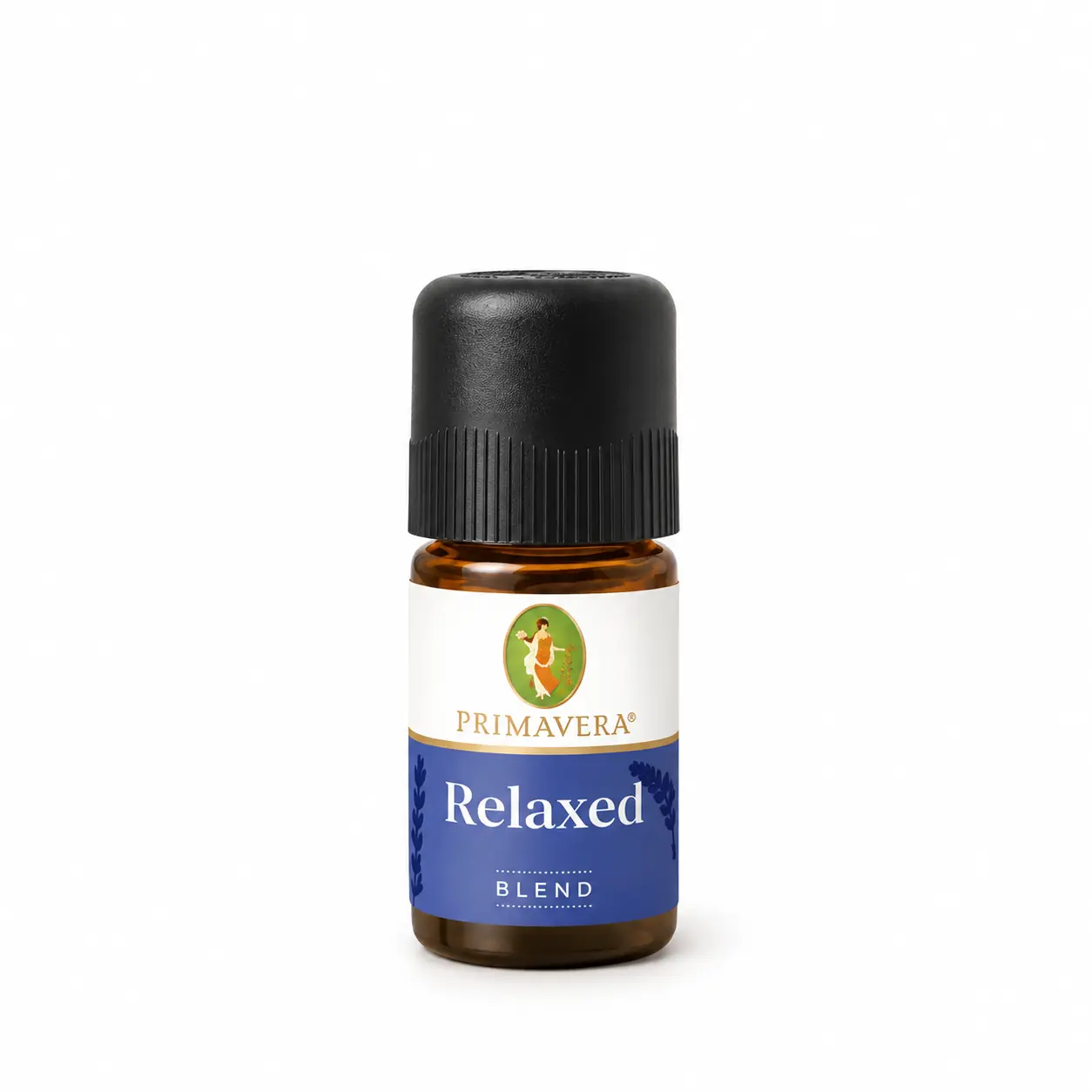 Mezcla aromática Relaxed de Primavera Life de 5 ml sobre fondo blanco.