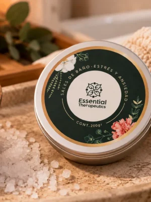 Sales de baño Estrés y Ansiedad Essential Therapeutics de 200 g en un ambiente de spa.