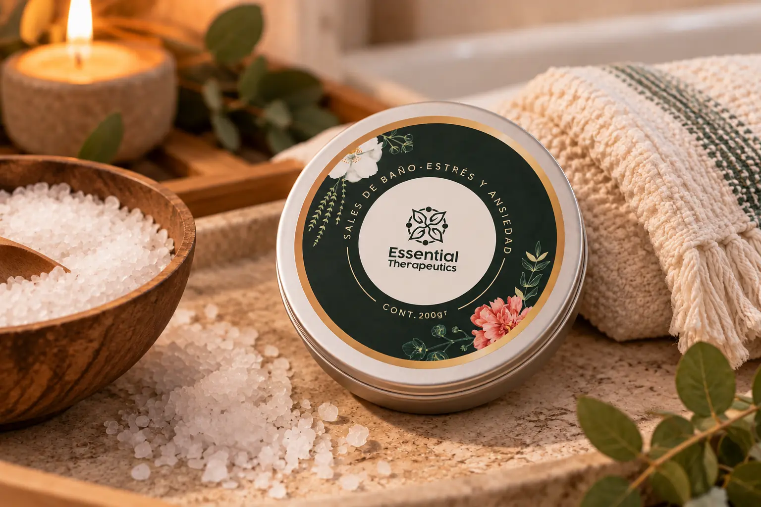 Sales de baño Estrés y Ansiedad Essential Therapeutics de 200 g en un ambiente de spa.