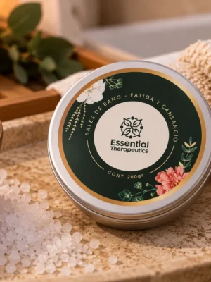 Sales de baño Fatiga y Cansancio Essential Therapeutics de 200 g en un ambiente de spa.