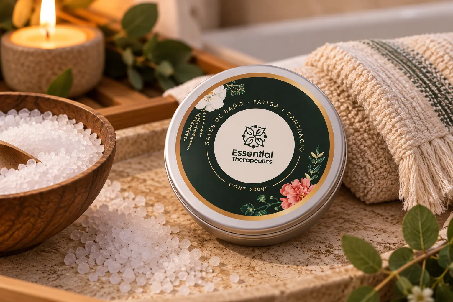 Sales de baño Fatiga y Cansancio Essential Therapeutics de 200 g en un ambiente de spa.