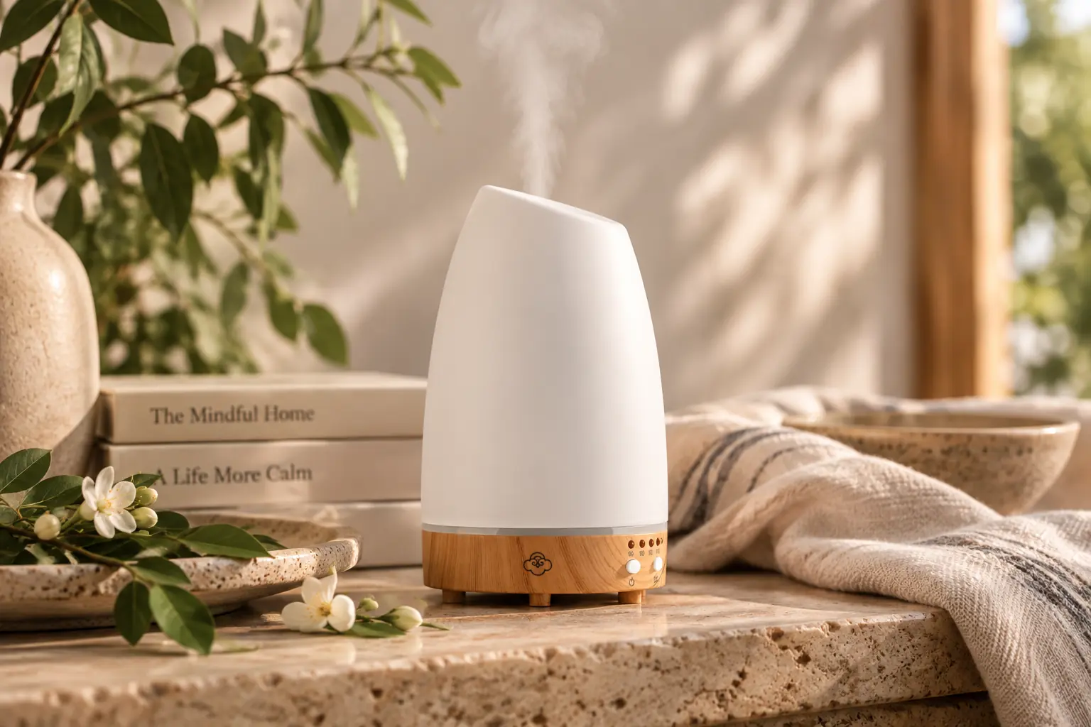 Difusor Serene House de diseño blanco y madera en un ambiente natural y luminoso