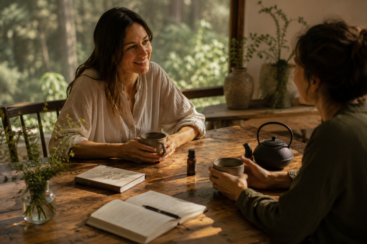 Dos personas compartiendo una conversación alrededor de una mesa de madera con té, cuadernos y elementos naturales, representando la confianza y los vínculos que se fortalecen con el tiempo.