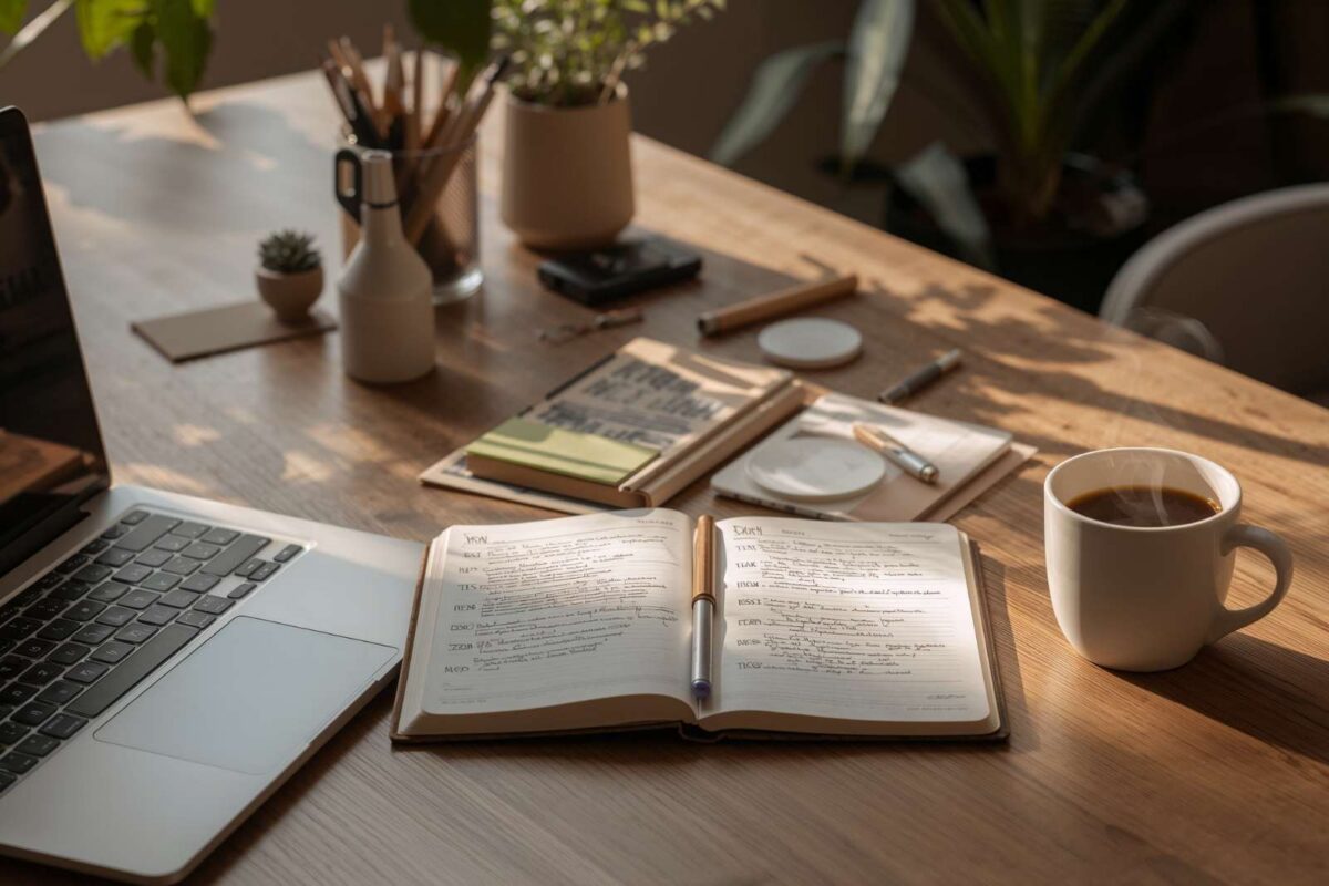 Mesa de madera con libreta abierta y elementos naturales, representando el momento de dar forma a una nueva visión para Musgo de Roble.