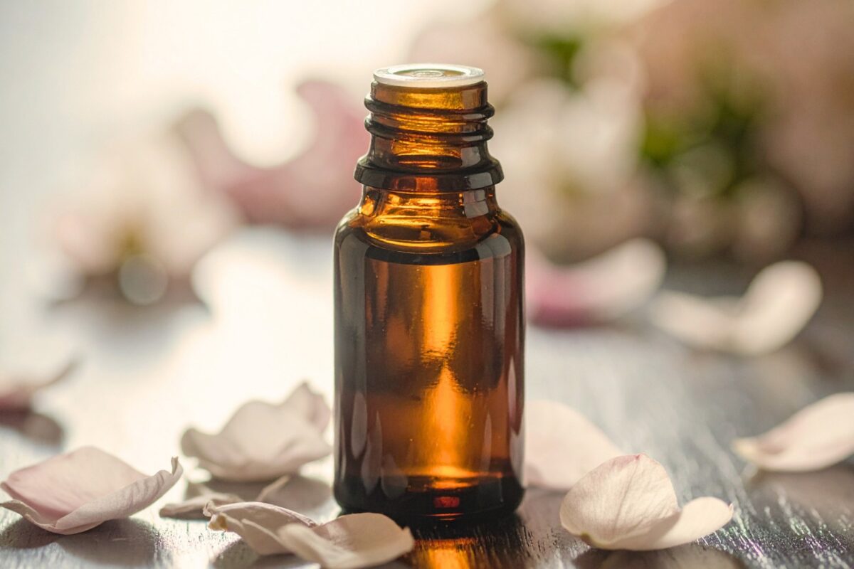 Frasco de vidrio ámbar utilizado para conservar aceites esenciales puros en aromaterapia.