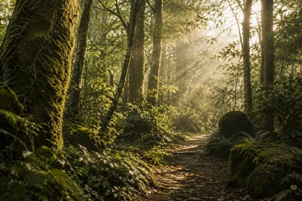 Sendero rodeado de árboles cubiertos de musgo e iluminado por la luz dorada de la mañana, representando el crecimiento, la evolución y el camino de Musgo de Roble.
