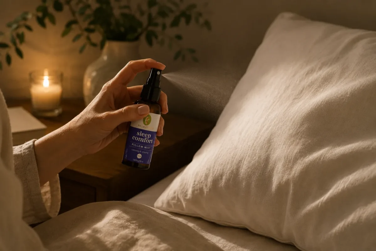 Persona aplicando bruma Sleep Comfort sobre la almohada antes de dormir