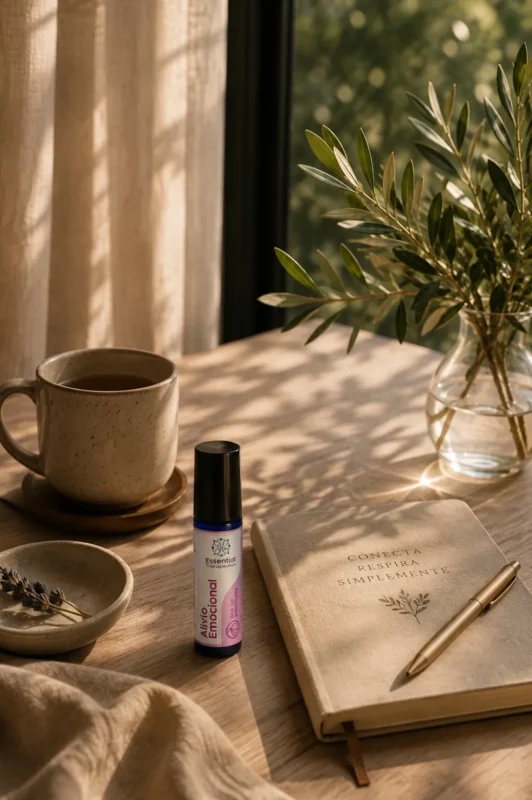 Taza de té, roll-on Alivio Emocional de Essential Therapeutics y cuaderno sobre una mesa de madera junto a una ventana con luz natural, representando un ritual de pausa consciente.A veces, una taza caliente, unas respiraciones profundas y un pequeño ritual son suficientes para volver al presente.