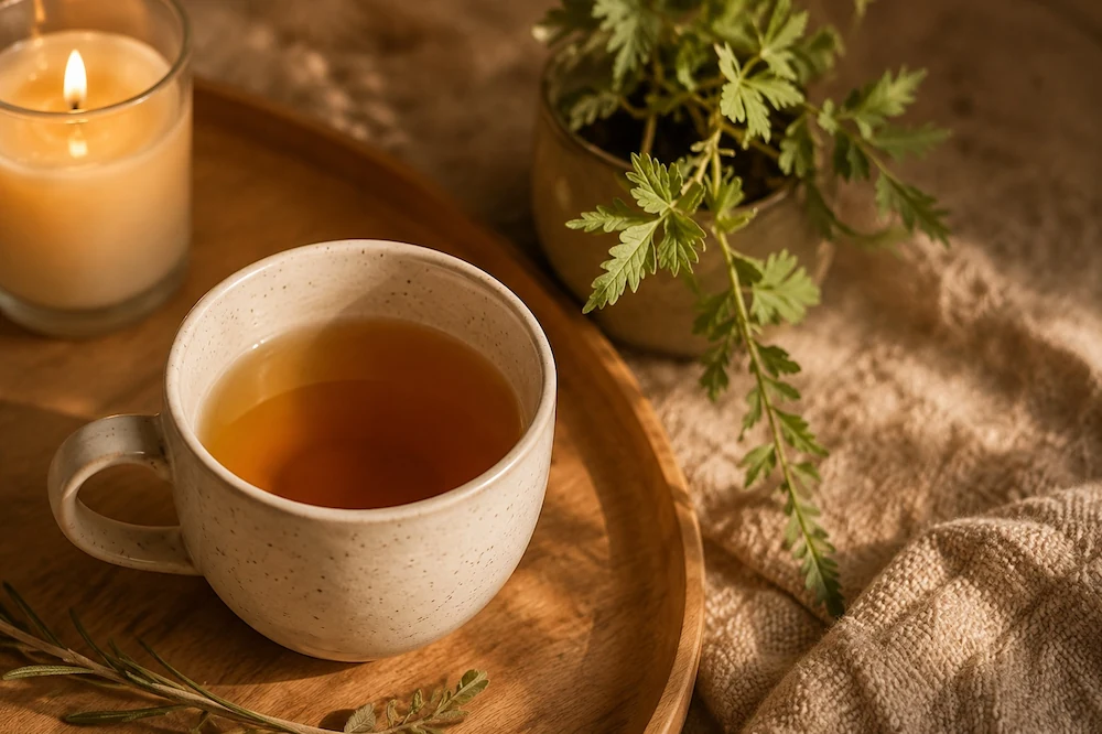 Taza de té sobre una bandeja de madera junto a una vela encendida y plantas, iluminadas por la luz natural, representando un momento de pausa y bienestar.