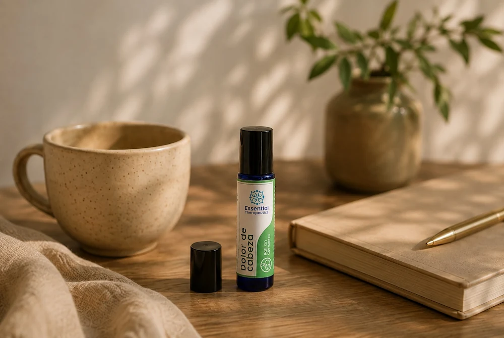 Roll-on Dolor de Cabeza de Essential Therapeutics sobre una mesa de madera junto a una taza de té, un cuaderno y una planta, iluminados por luz natural cálida.