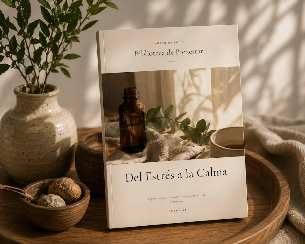 Roll-on Dolor de Cabeza de Essential Therapeutics sobre una mesa de madera junto a una taza de té, un cuaderno y una planta, iluminados por luz natural cálida.