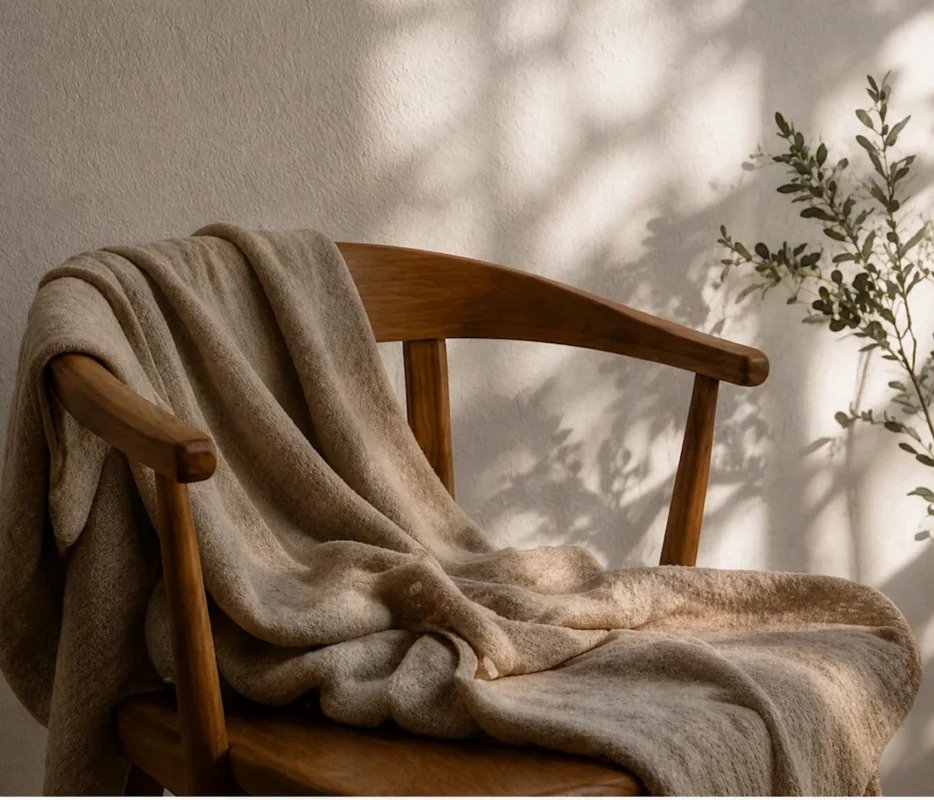 Sillón de madera con una manta de lino beige junto a una planta, iluminado por la luz natural de la mañana, evocando un espacio de descanso y bienestar.