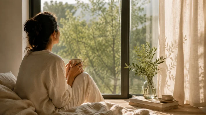 Persona disfrutando de un momento de pausa junto a una ventana con luz natural.