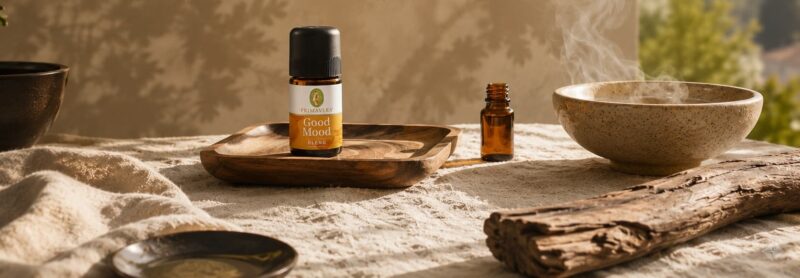 Escena de bienestar con difusor de aromaterapia, aceite esencial, taza y elementos naturales