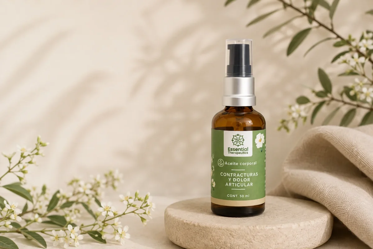 Aceite corporal Essential Therapeutics para contracturas y dolor articular en una escena natural de aromaterapia y bienestar