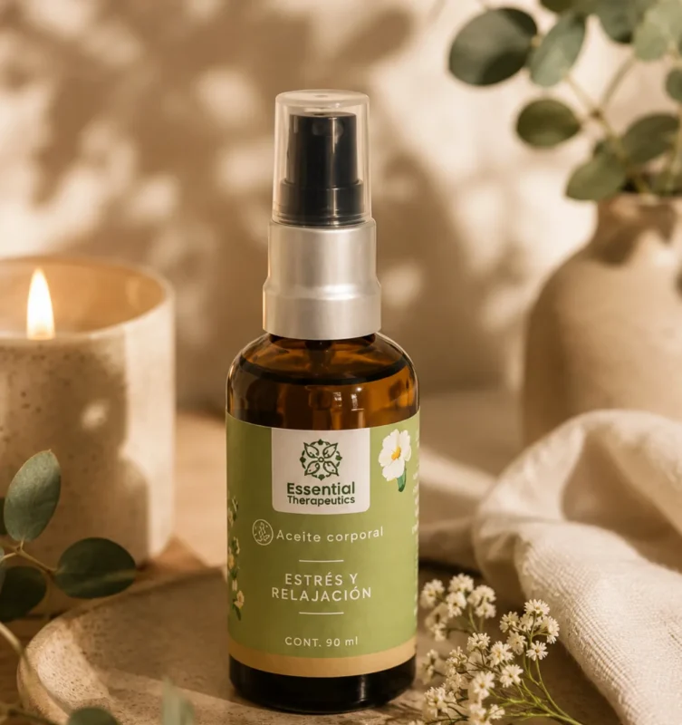 Aceite Corporal Estrés y Relajación de Essential Therapeutics sobre una bandeja de cerámica con una vela, eucalipto y flores en un ambiente cálido de bienestar.