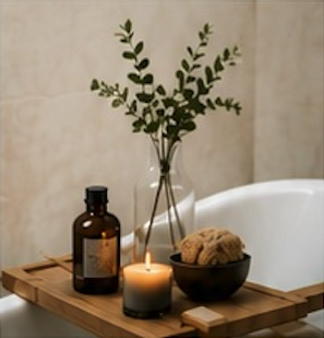 Aceite de aromaterapia, vela encendida y elementos naturales sobre una bandeja de madera junto a una bañera.