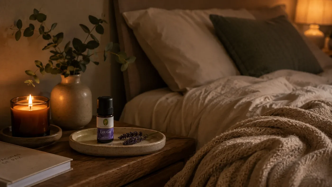 Ambiente nocturno con luz tenue, manta de tejido natural y elementos aromáticos junto a una cama.