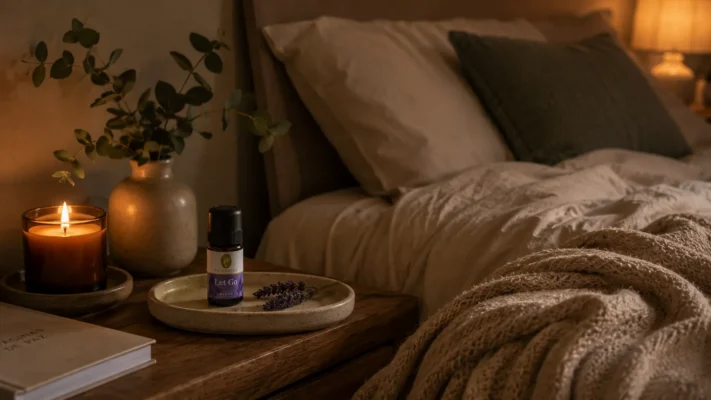 Ambiente nocturno con luz tenue, manta de tejido natural y elementos aromáticos junto a una cama.
