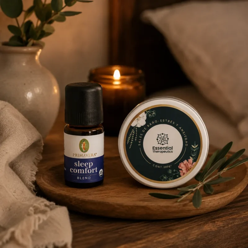 Bodegón nocturno con un frasco de Primavera Sleep Comfort Blend y sales de baño Essential Therapeutics sobre una bandeja de madera.