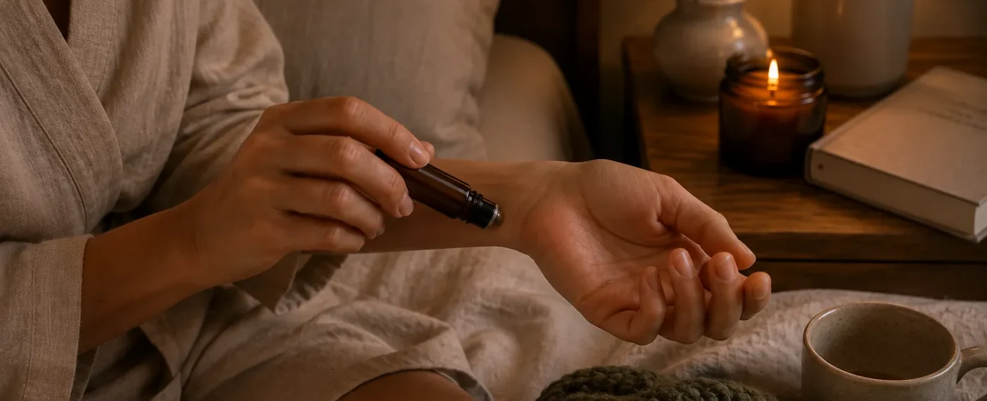 Persona aplicando el blend Let Go en la muñeca junto a una cama, con luz cálida y ambiente tranquilo.