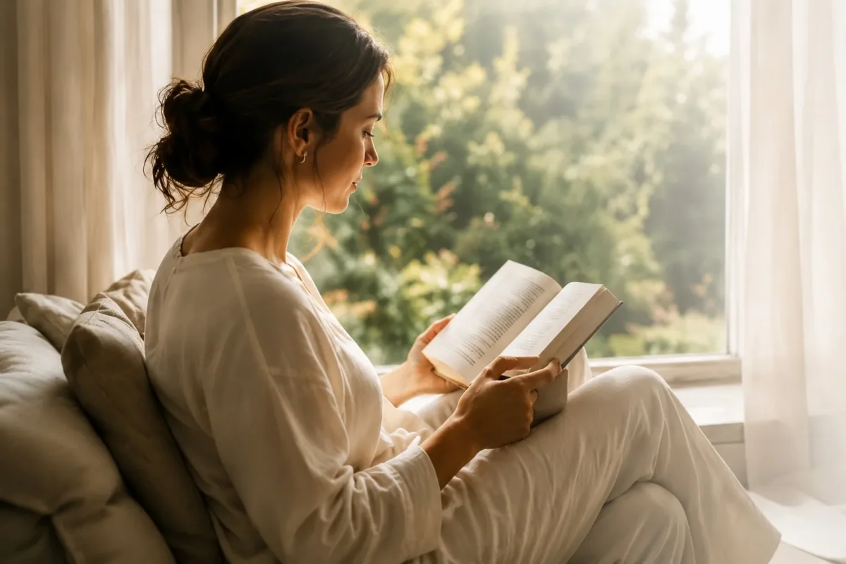 Mujer leyendo un libro junto a una ventana durante un momento de calma y bienestar en un ambiente cálido y natural.