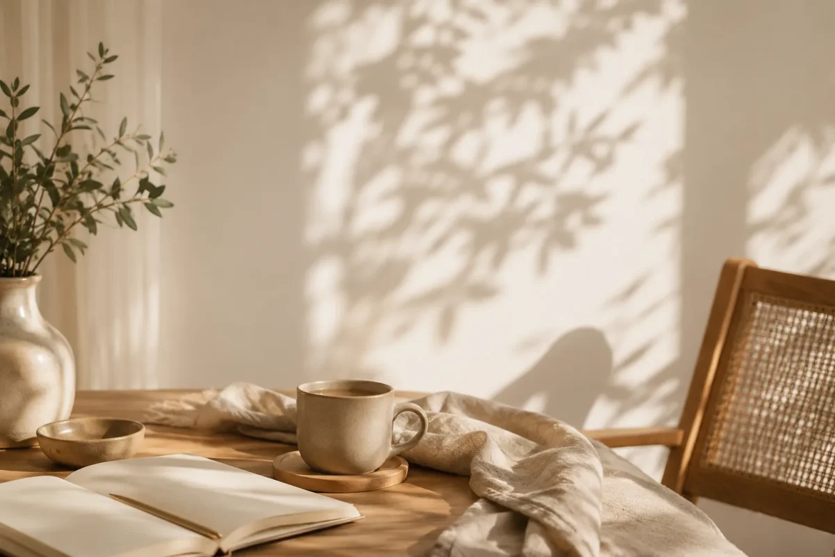 Espacio tranquilo con luz natural, una taza de té y elementos naturales que evocan una pausa consciente.