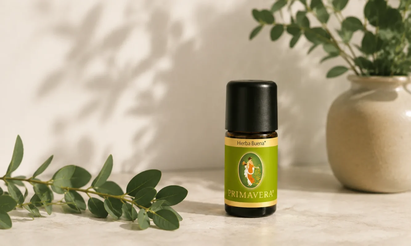 Aceite esencial Primavera de hierba buena en frasco de vidrio ámbar sobre una composición natural de aromaterapia