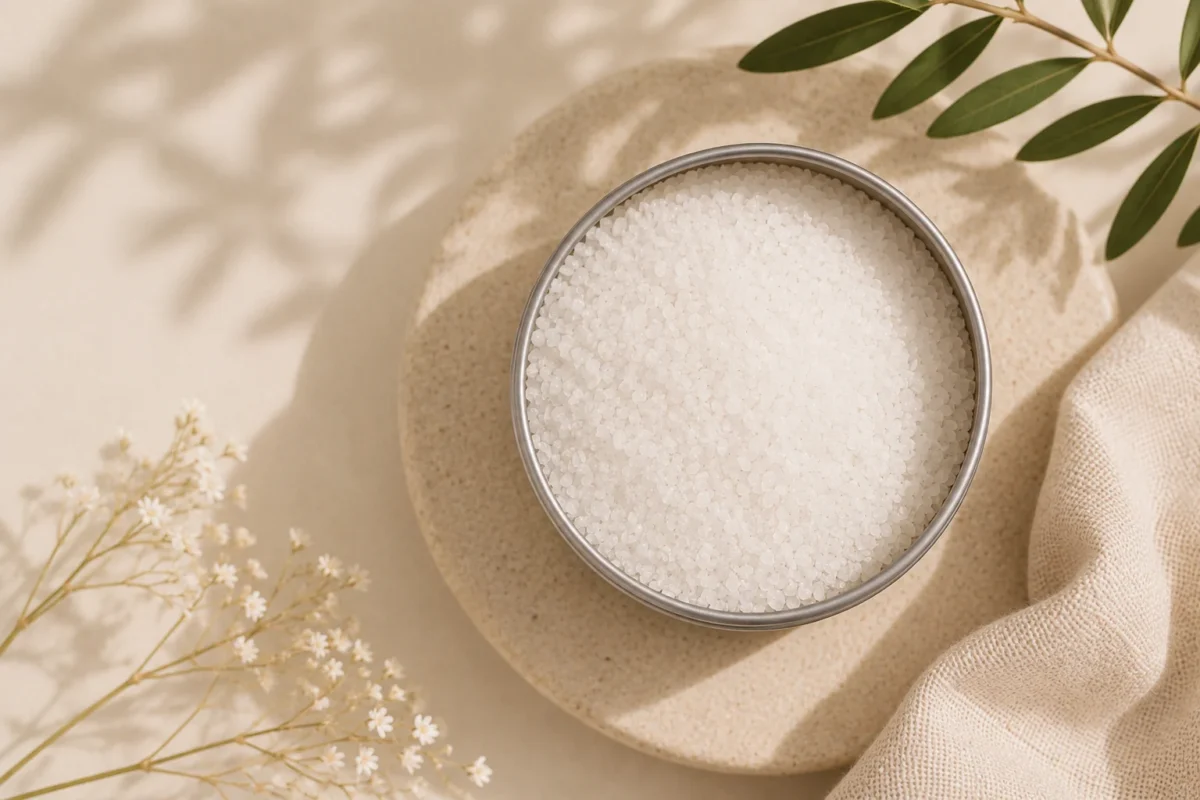 Sales aromáticas blancas en lata para ritual de baño relajante con estética natural y minimalista
