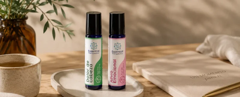 Dos roll-ons de aromaterapia Essential Therapeutics sobre una mesa de madera en un espacio sereno y natural.