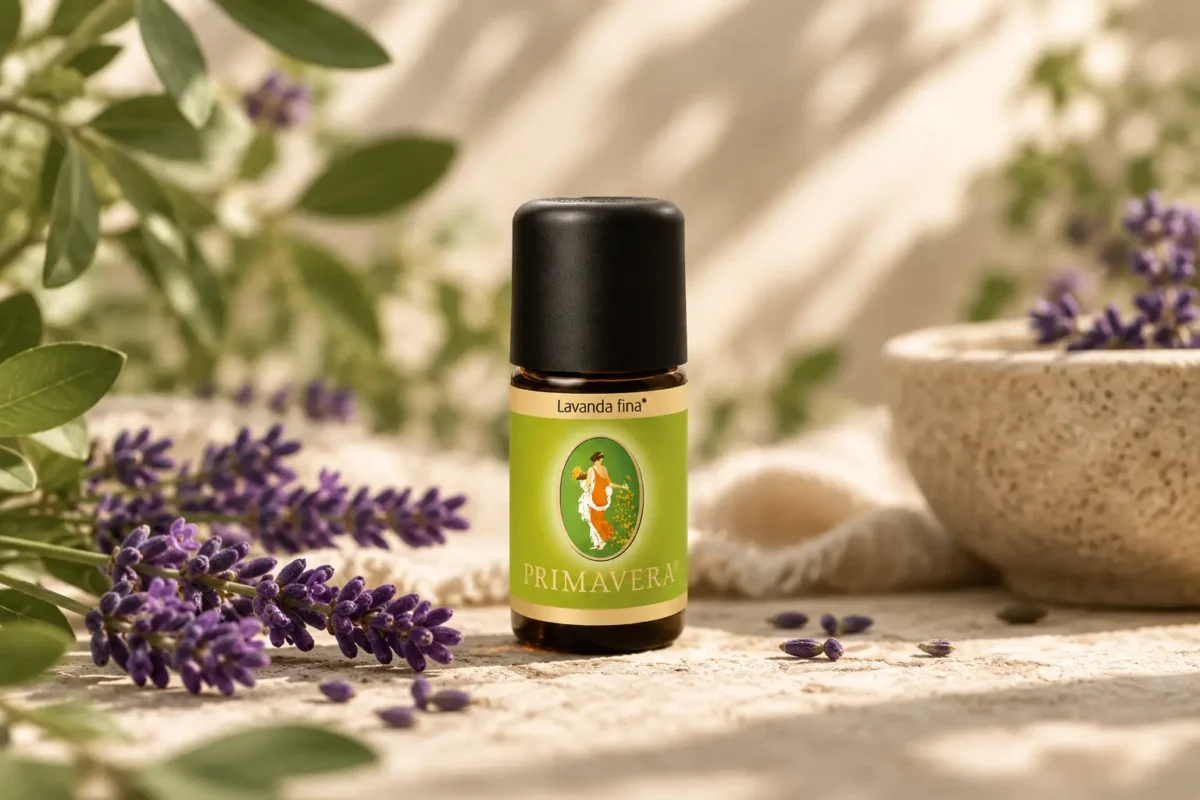 Aceite esencial de Lavanda fina de Primavera rodeado de flores de lavanda