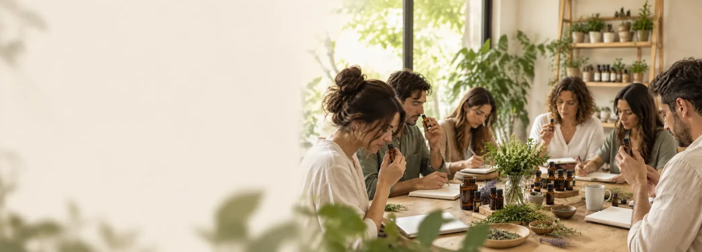 Personas aprendiendo aromaterapia en una clase con aceites esenciales y plantas