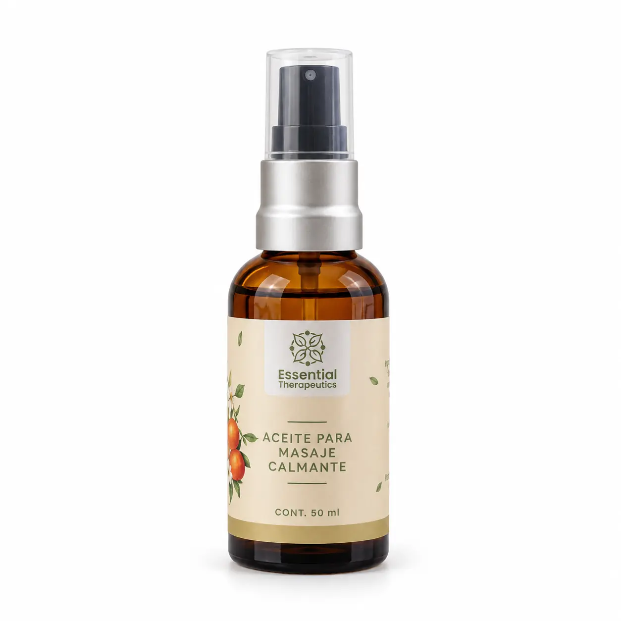 Aceite para Masaje Calmante Essential Therapeutics de 50 ml sobre fondo blanco.