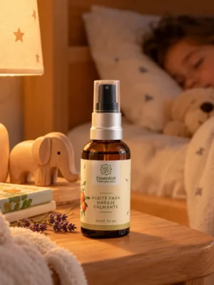 Aceite para Masaje Calmante Essential Therapeutics de 50 ml en un ambiente infantil de descanso.