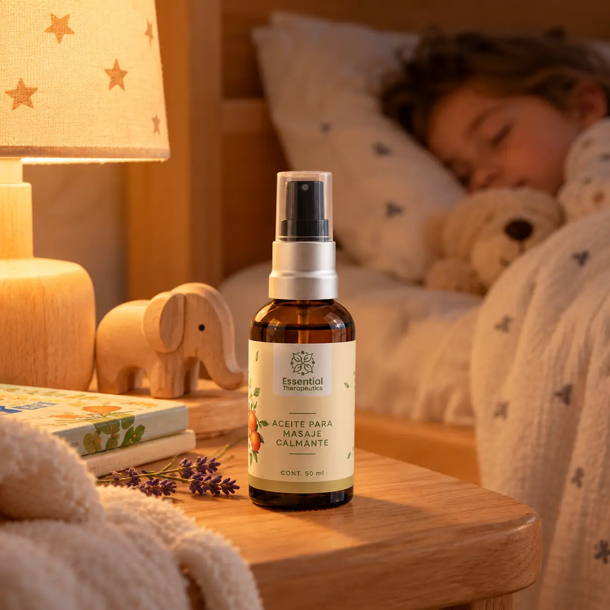 Aceite para Masaje Calmante Essential Therapeutics de 50 ml en un ambiente infantil de descanso.