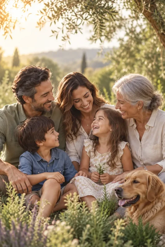 Familia multigeneracional disfrutando de la naturaleza y el bienestar