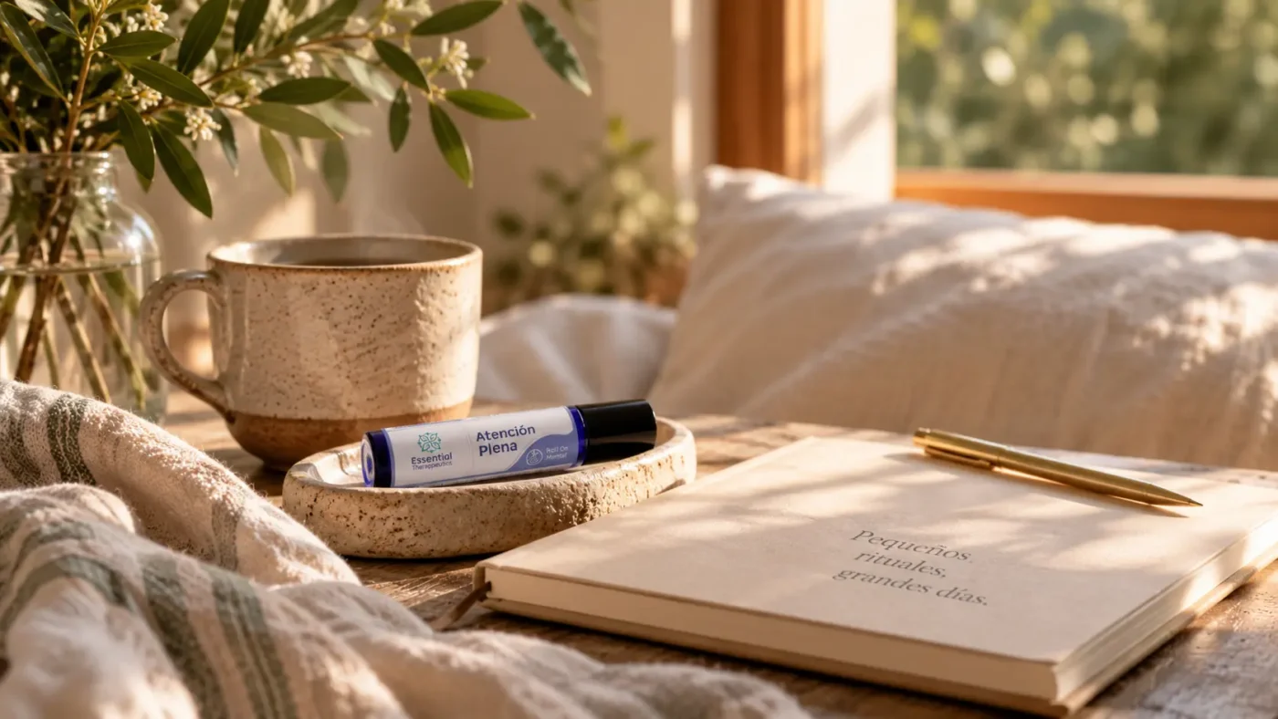 Roll-on Atención Plena de Essential Therapeutics junto a una taza y un cuaderno durante un ritual de mañana
