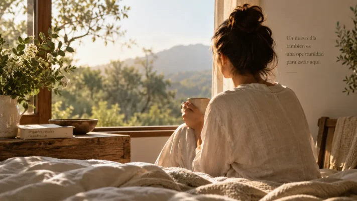 Mujer en una mañana tranquila junto a una ventana, sosteniendo una taza y contemplando el paisaje