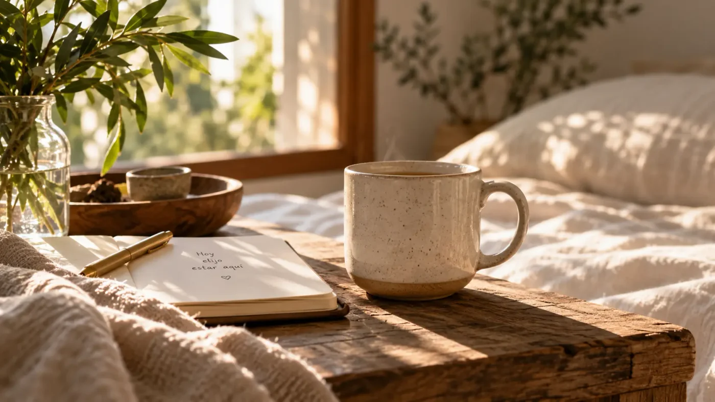 Cuaderno y taza junto a una ventana durante una mañana tranquila y luminosa