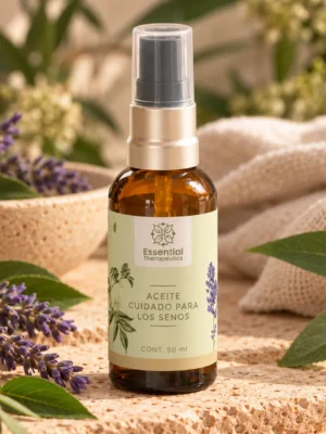 Aceite Cuidado para los Senos de Essential Therapeutics de 50 ml sobre piedra natural, acompañado de lavanda y hojas verdes.