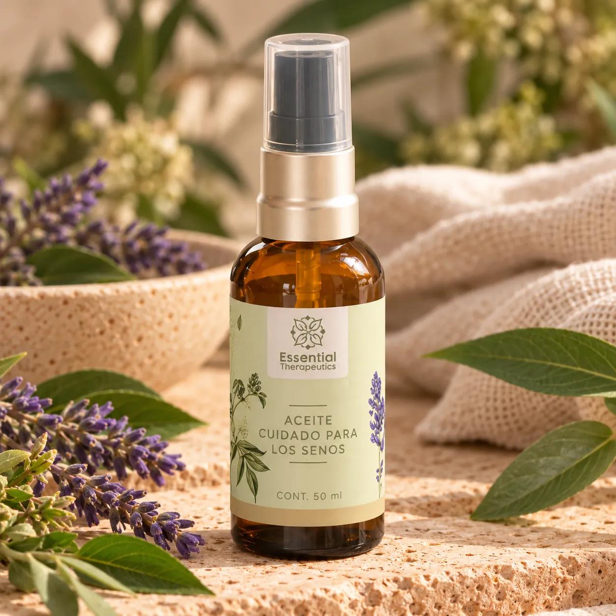 Aceite Cuidado para los Senos de Essential Therapeutics de 50 ml sobre piedra natural, acompañado de lavanda y hojas verdes.