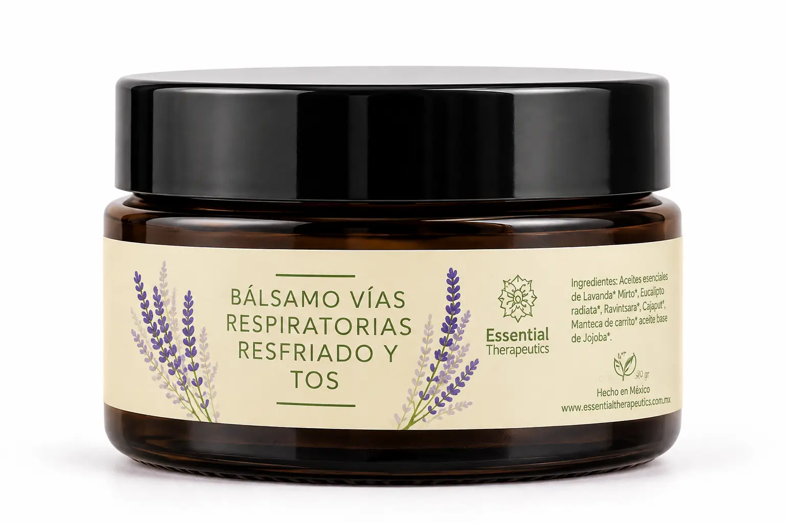 Bálsamo Vías Respiratorias para resfriado y tos de Essential Therapeutics, frasco ámbar de 30 g con etiqueta botánica de lavanda sobre fondo blanco.
